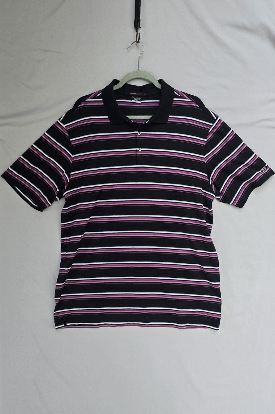 Nike Golf Polo Shirt Mens XL Black Pink Stripe Tiger Woods Dri-Fit Short Sleeve